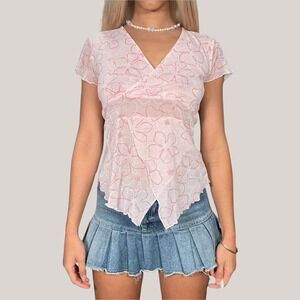 Vintage 90s Light pink mesh floral asymmetric rom com Blouse (S-M)